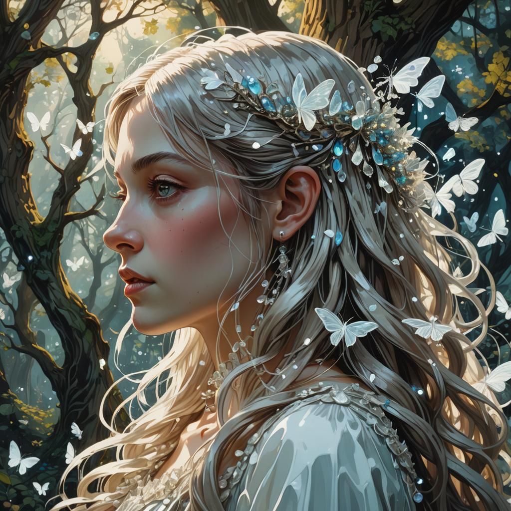 Victorian Girl and Crystal Fairies in Art Nouveau Style