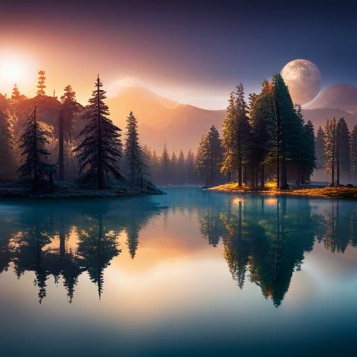 Shining Morning Lake: Detailed Matte Painting