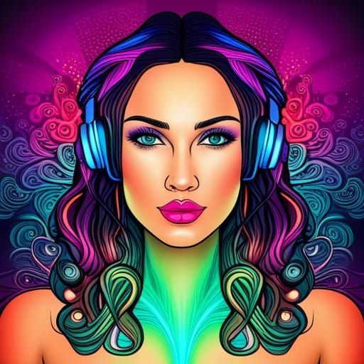 Woman with Headphones in Neon Cyberpunk Style