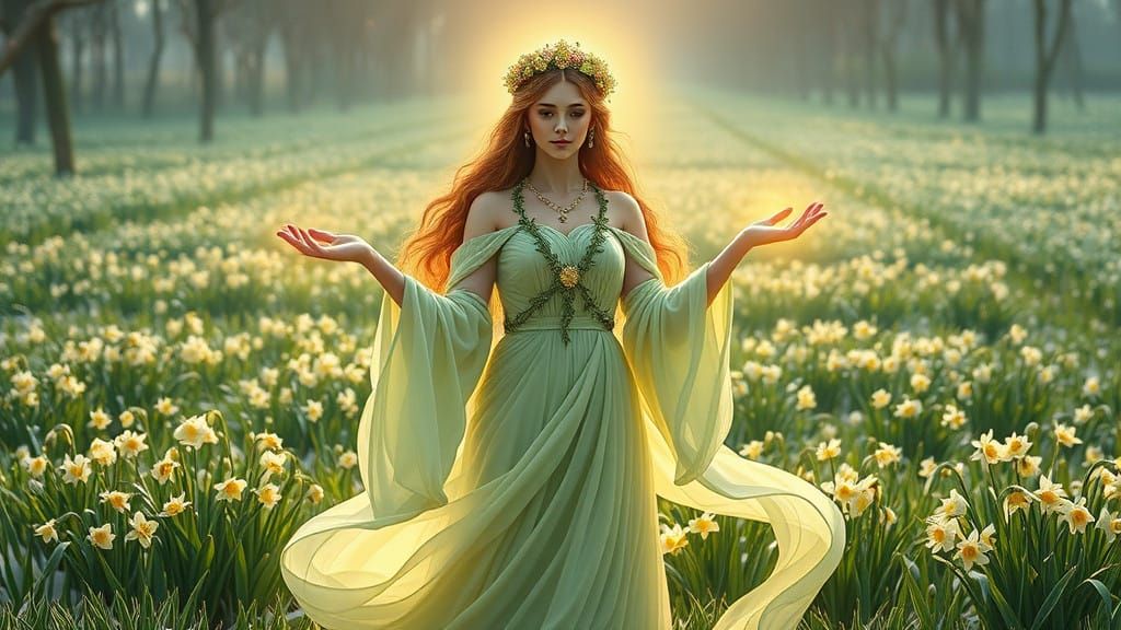 Radiant Goddess Awakens Spring in Vibrant Landscape