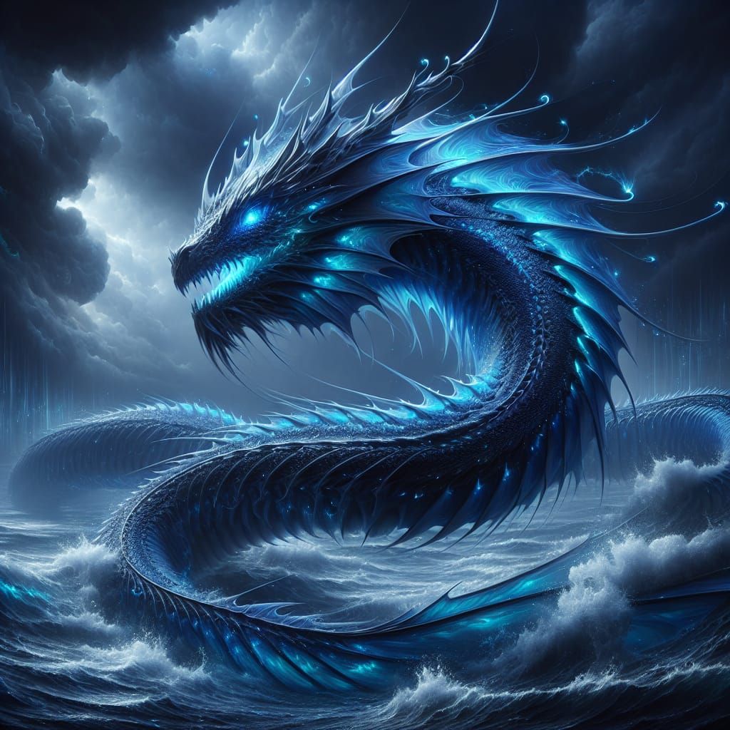 Aquatic Dragon in Thunderstorm: Gothic Dark Fantasy