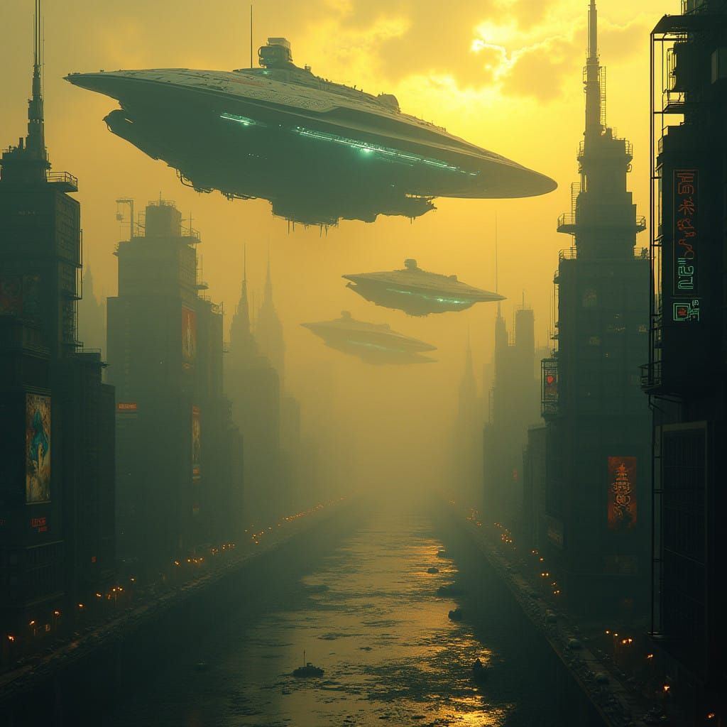 Sleek Alien Ships Loom Over a Dystopian Cyberpunk Metropolis