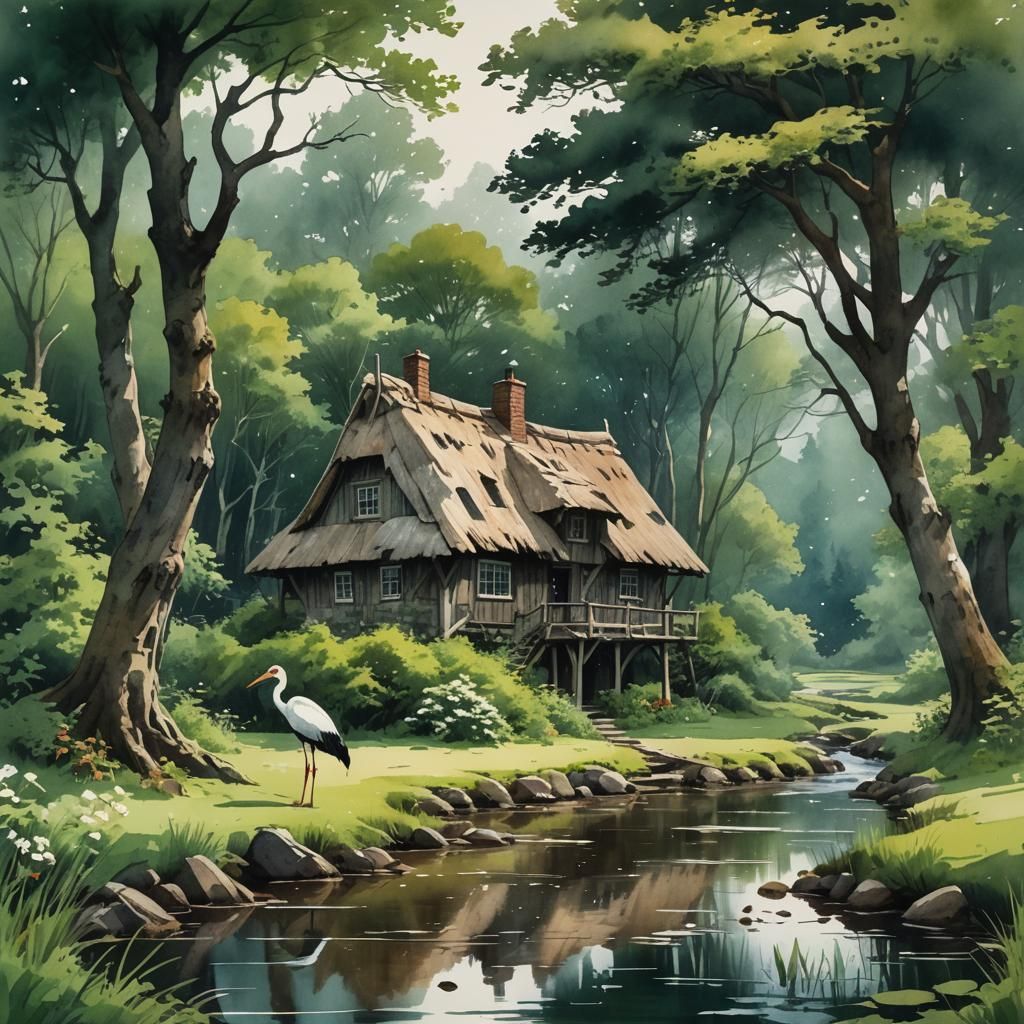 Idyllic Cottage in Forest Clearing as Watercolor