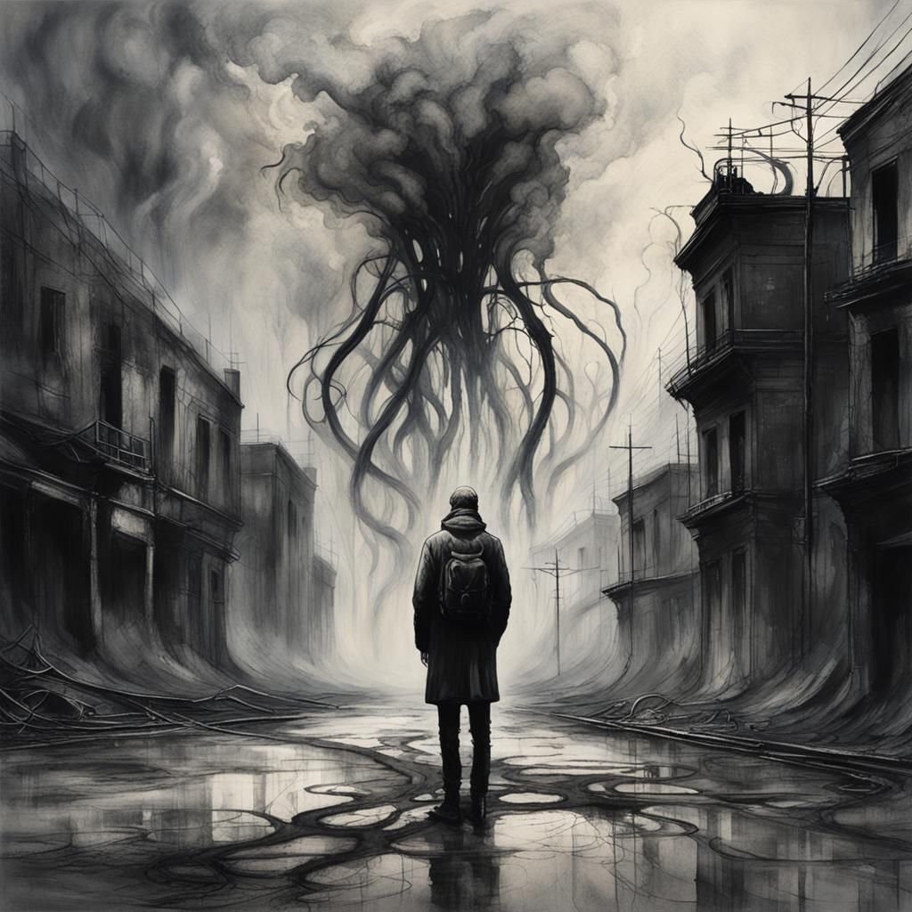 create an eerie, spectral figure enveloped in dark, swirling...