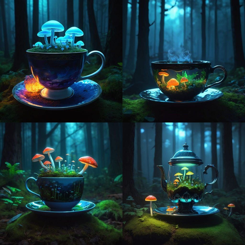 Glowing Mushrooms Light a Dark Forest in Digital Art