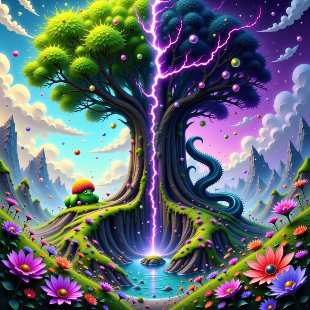 Massive Tree Struck by Lightning with Serpentine Creature