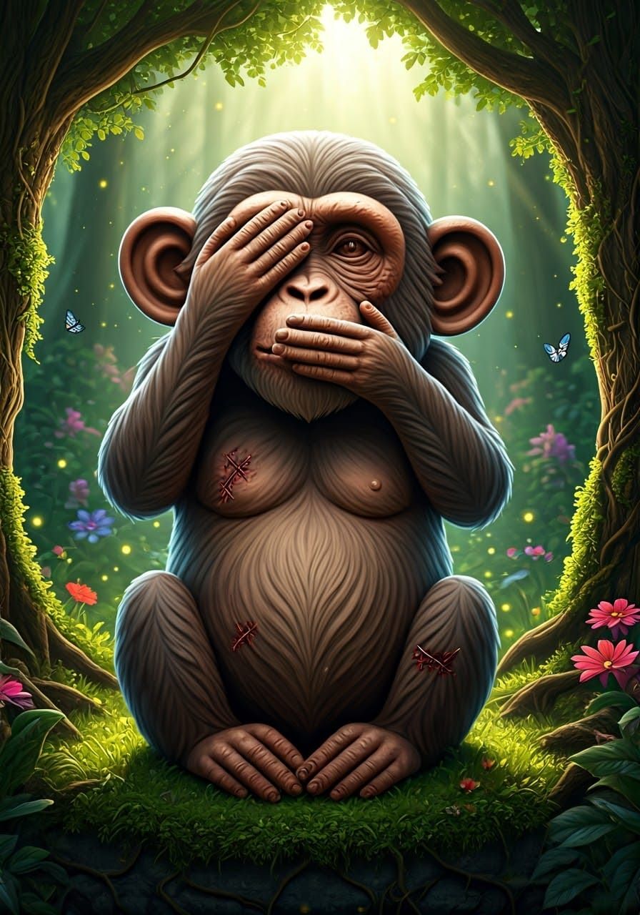 Monkeys in the Forest, a Somber Clay Sculpture with Natural...