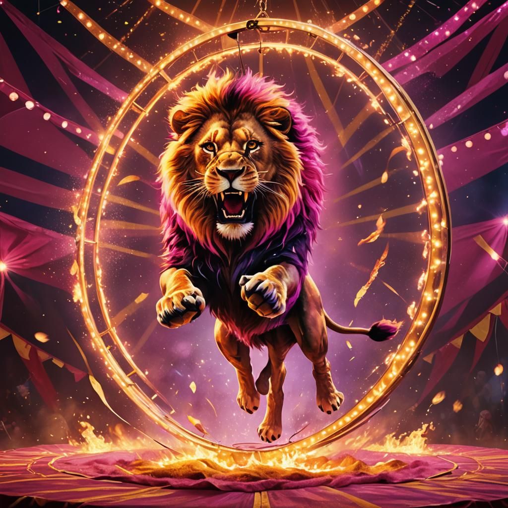 Lion Leaps Through Flaming Hoop in Circus Tent