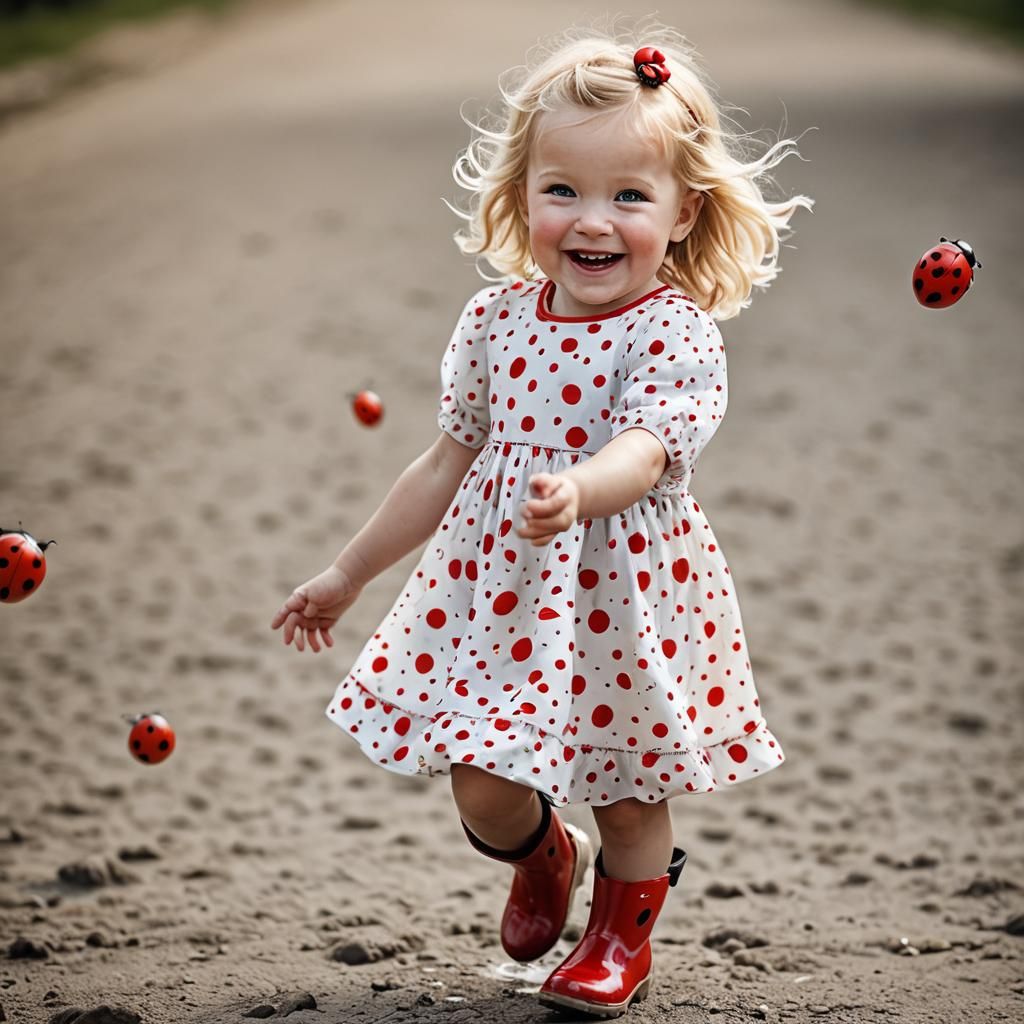 Smiling Girl in Ladybug Boots: Hyper-Realistic Portrait