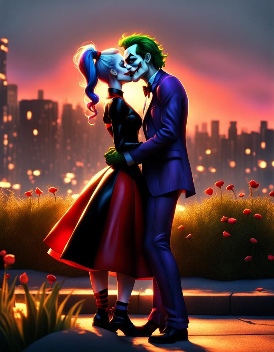 joker and harley quinn kissing at sunset