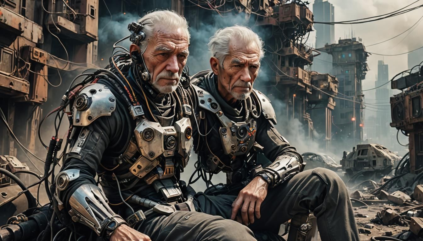 Exhausted Cyborg in War-Torn City: Cinematic Portrait