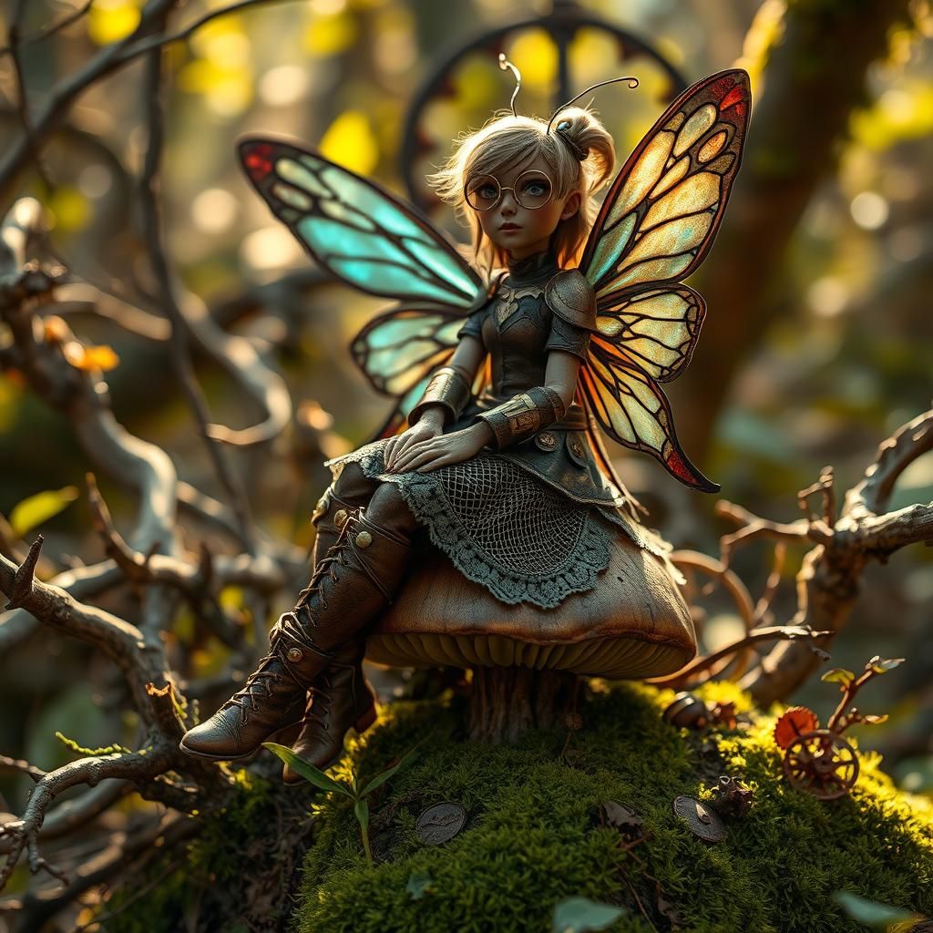 Steampunk Fairy in Armored Fashion on Mushroom