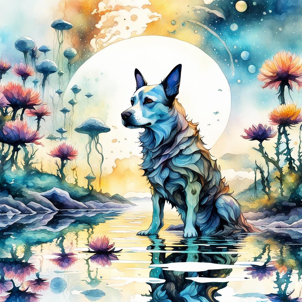 Reflected Dog in Alien Landscape: Digital Watercolor Art