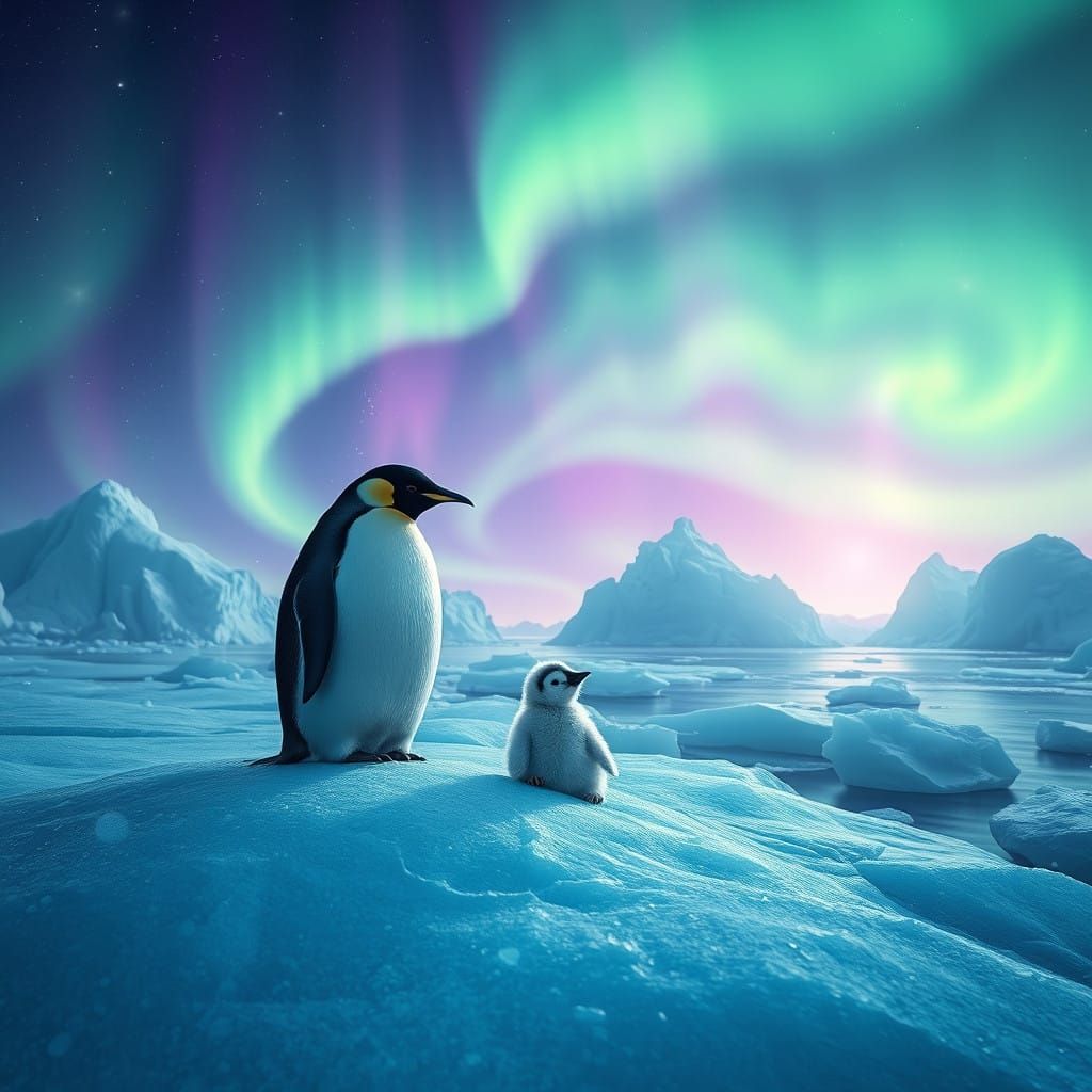 Majestic Iceberg Landscape with Emperor Penguins and Aurora ...