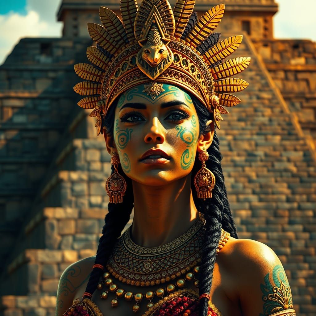 Aztec goddess ixchel wearing futuristic gold jewelry with face tattoos standing in front of xunantunich pyramid