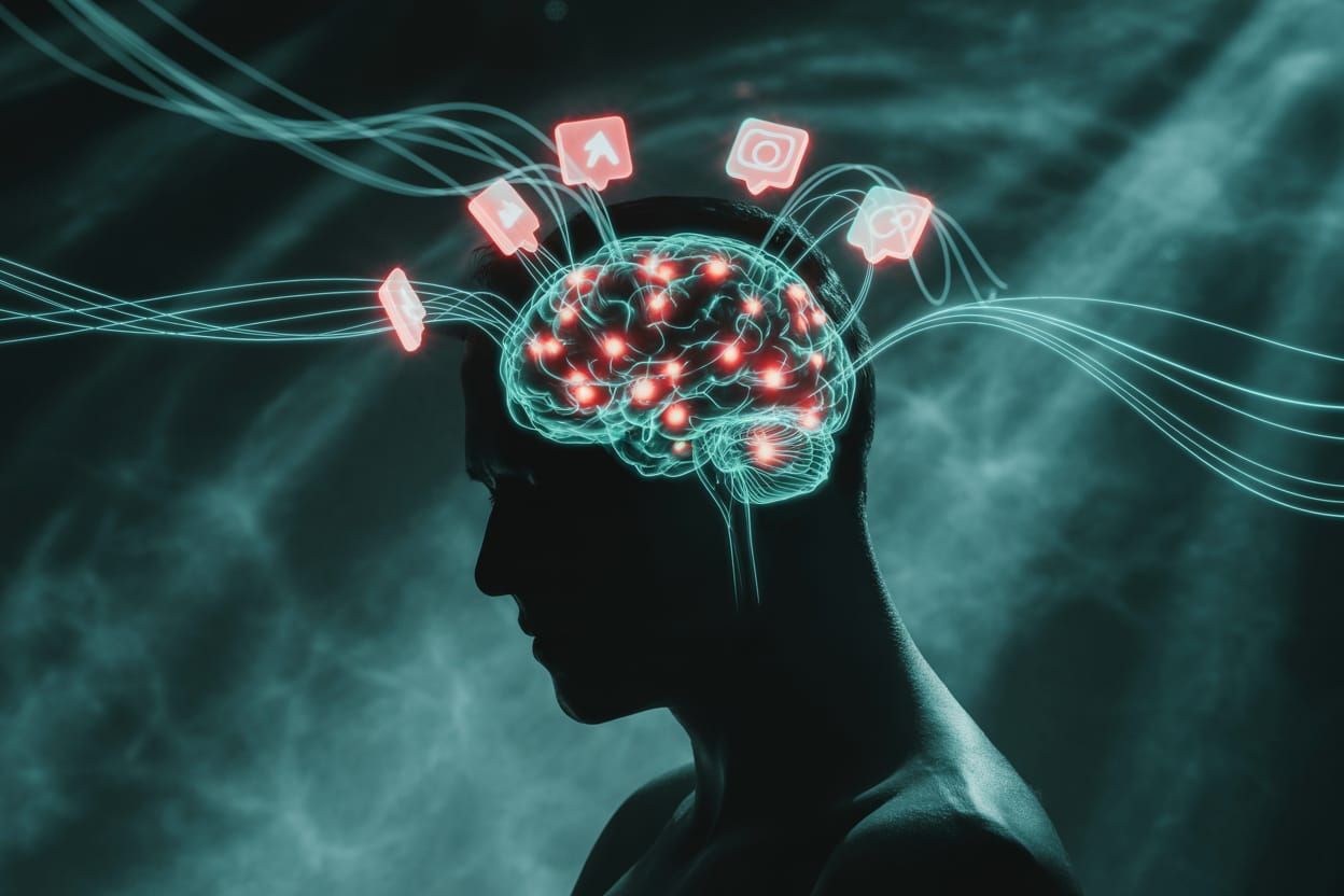 Human Head Silhouette With Glowing Neural Circuits and Dopam...