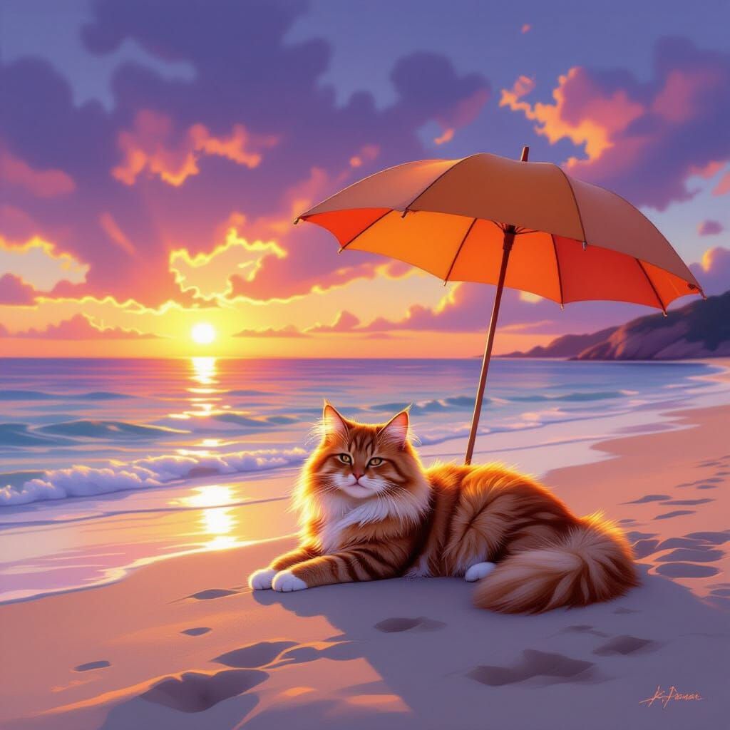 Fluffy Cat Enjoys Mystic Sunset on Beach