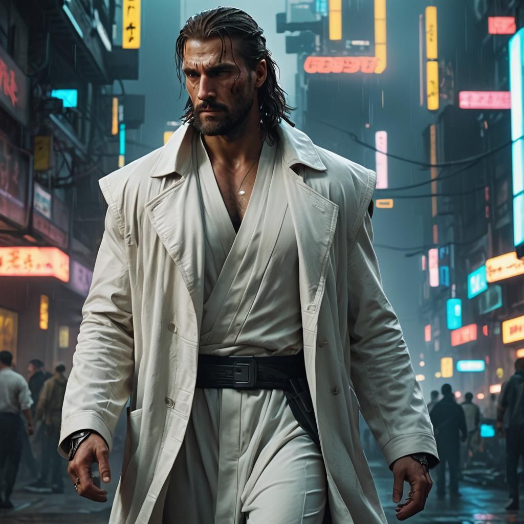 Cyberpunk Jesus in Neon Cityscape