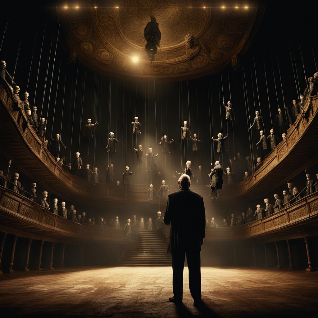 Cinematic Klaus Schwab Manipulates Marionettes in Theatre