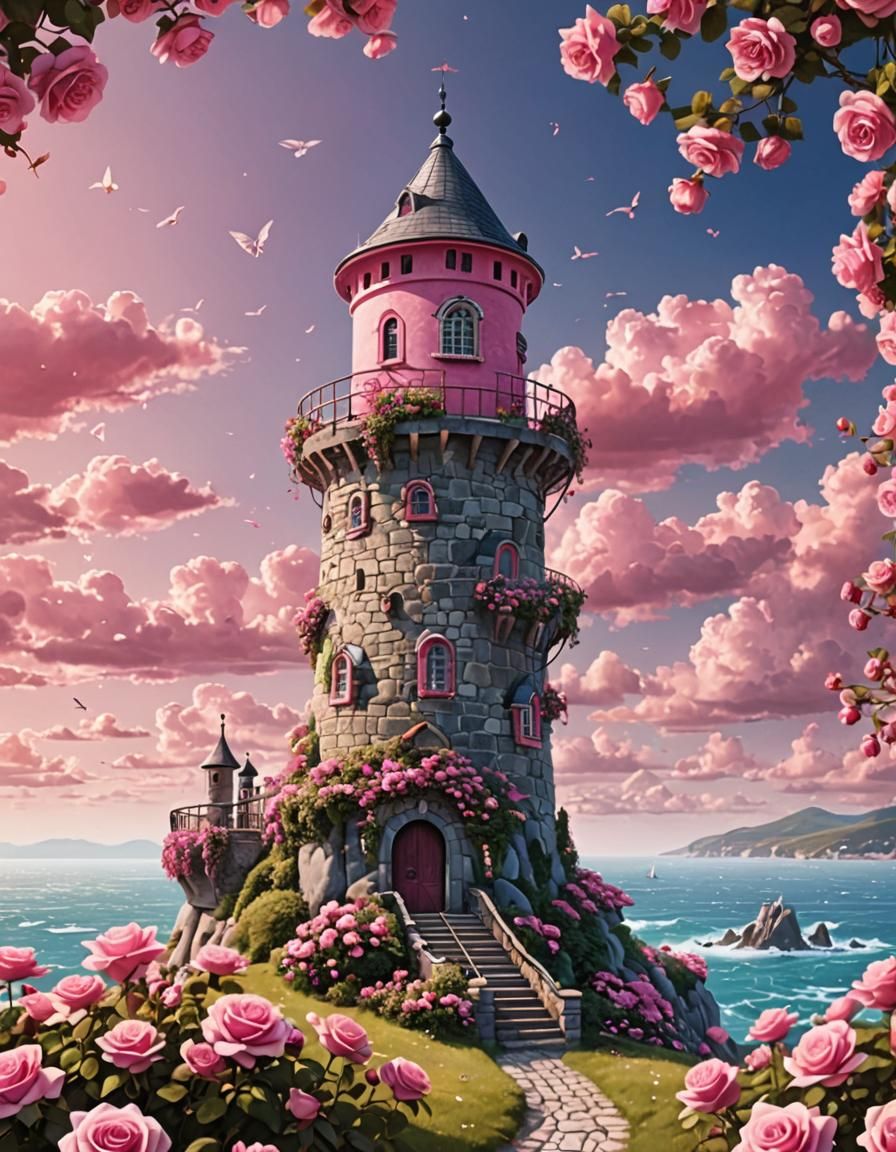 Pink Fantasy Tower by the Sea