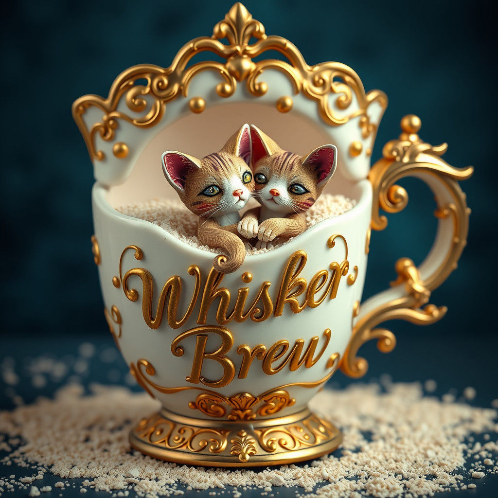 Ornate Coffee Cup with Cat Dolls, Fantasy Art