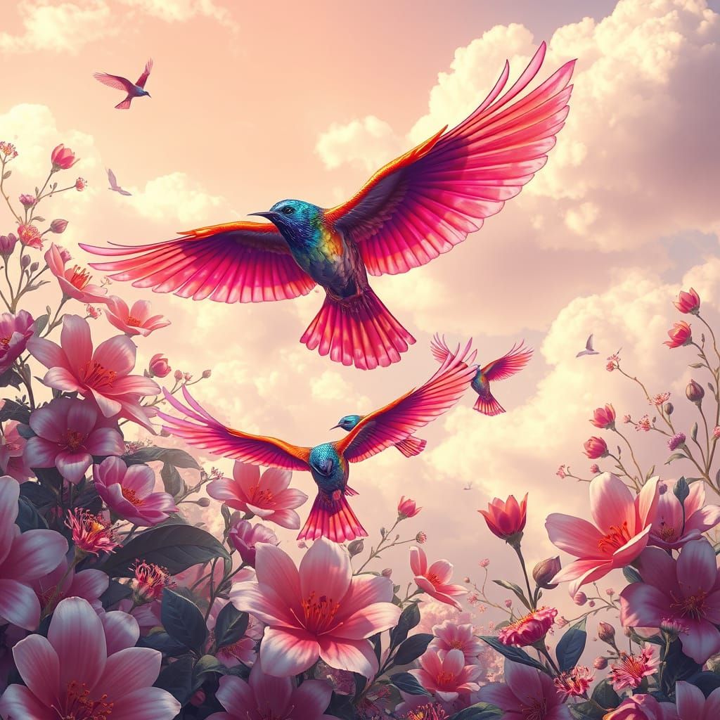 Iridescent Birds Amidst Exotic Blooms in a Dreamy Fantasy La...