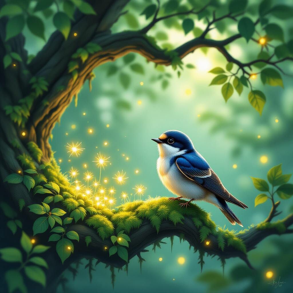 Baby Swallow and Fireflies in Enchanted Forest