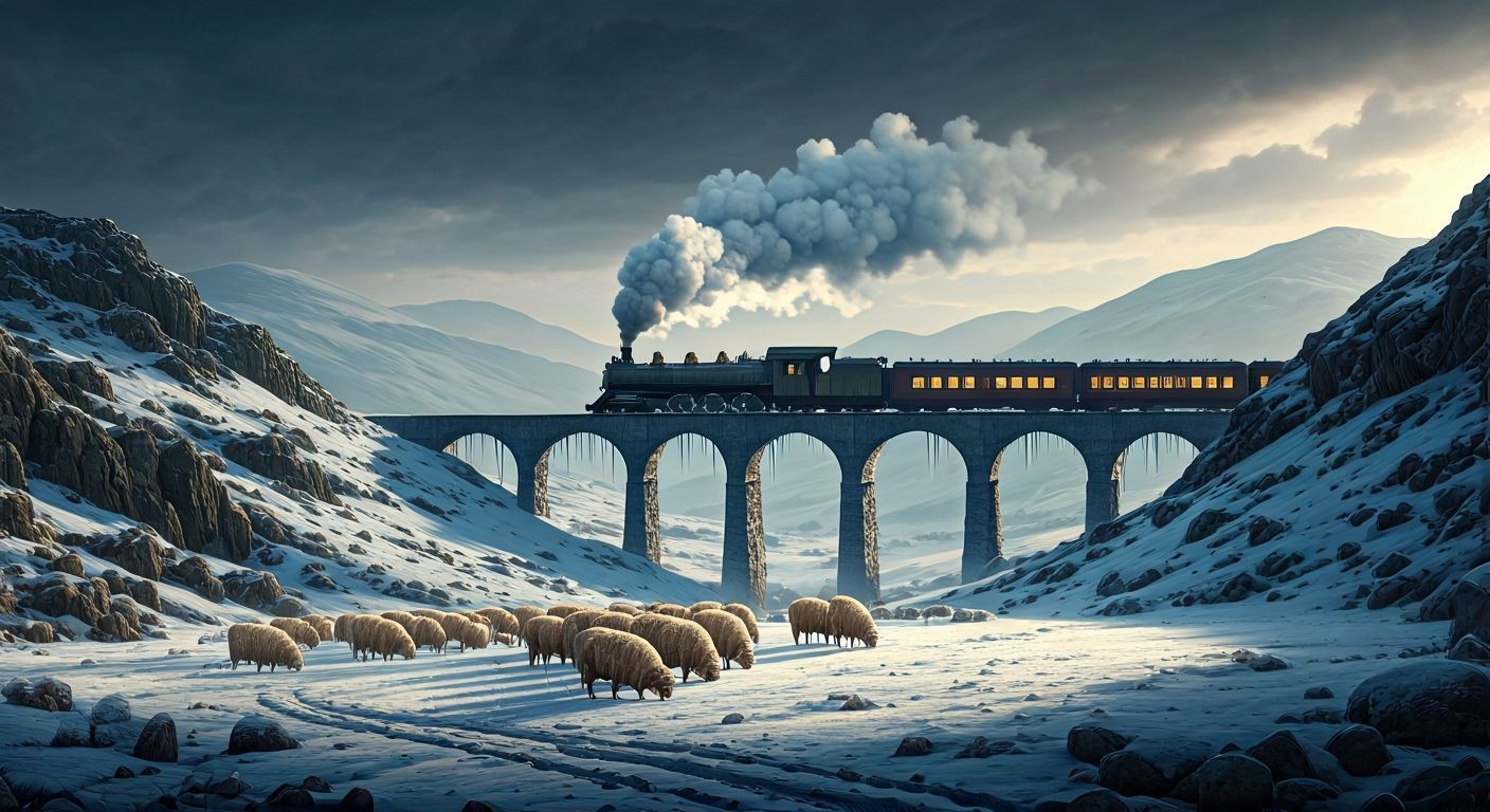 Steampunk Train Crossing Icy Bridge in Snowy Valley