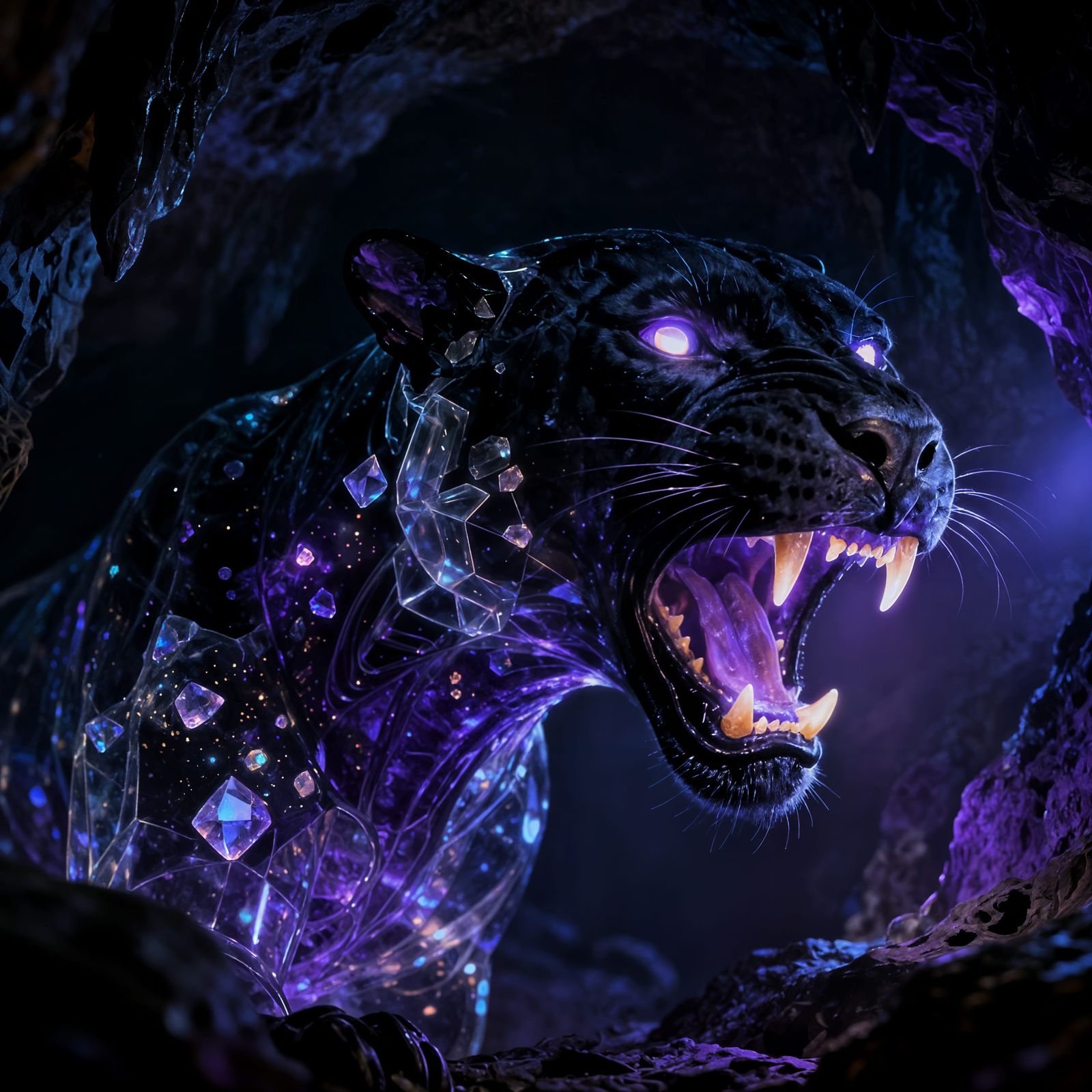Roaring Panther Made of Dark Light in Cave