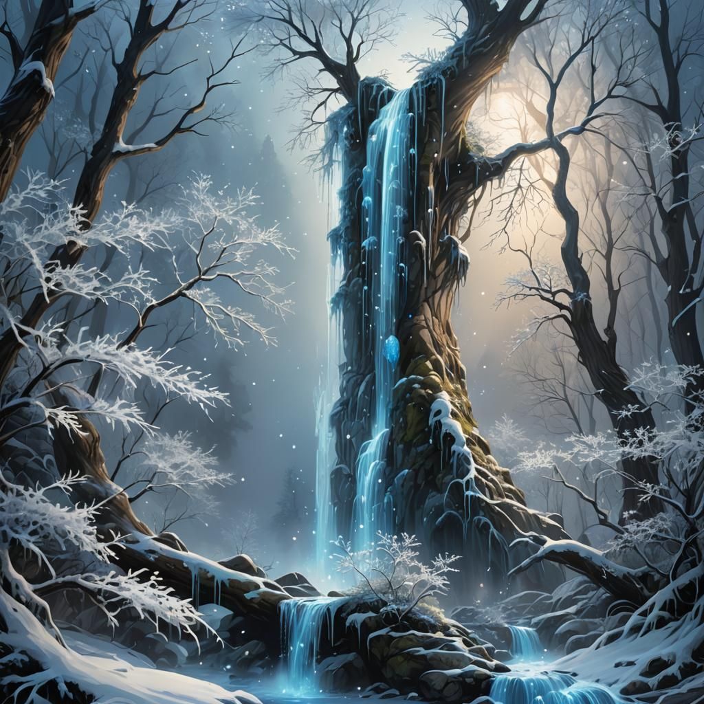 Ethereal Waterfall Cascading in Enchanted Forest