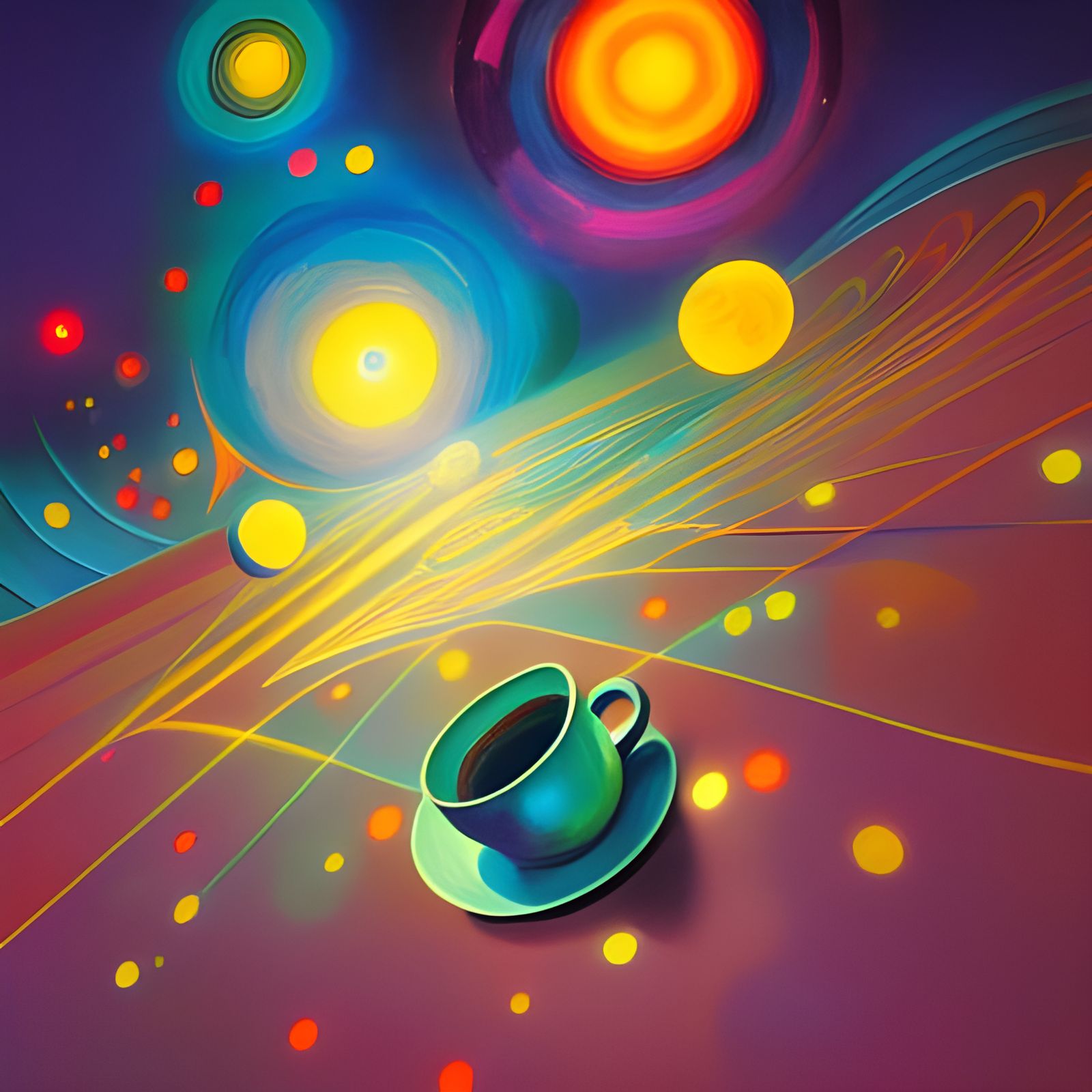Cosmic Coffee Cup in Fantasy Action Painting Style