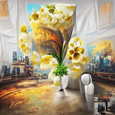 White and Yellow Flowers in Vase: Oil on Canvas