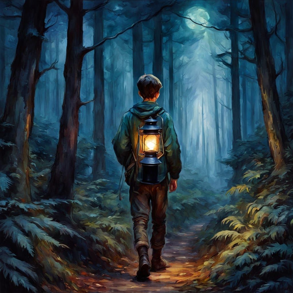 Whimsical Watercolor Boy in a Dark Forest
