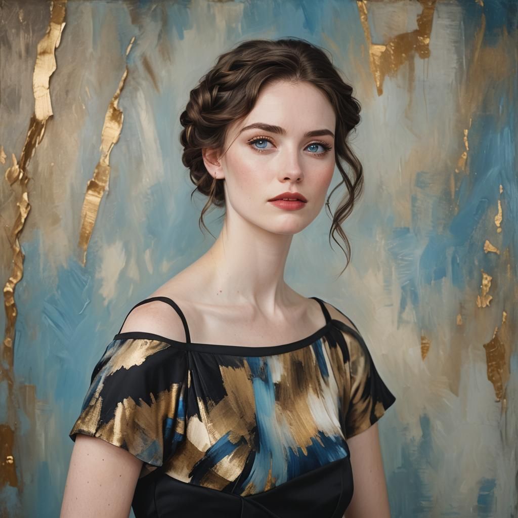 Portrait of a Woman with Abstract Blue and Gold Background