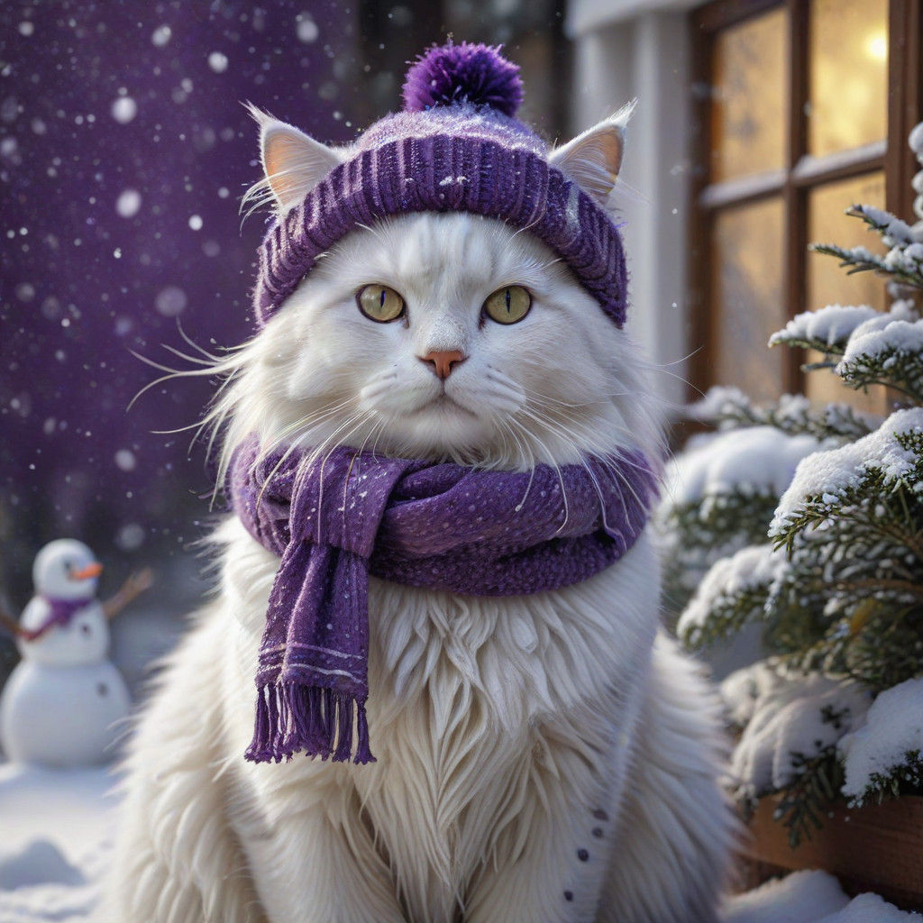 Whimsical Winter Feline in a Snowy Scene