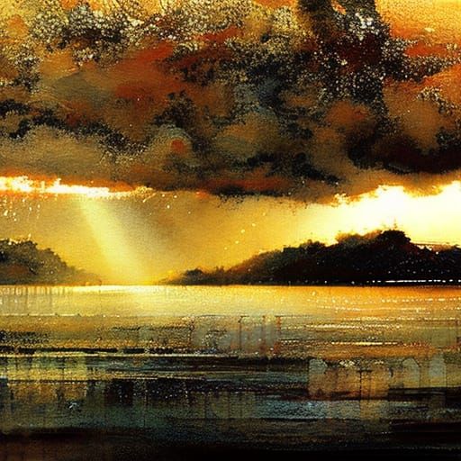 Storm Cloud Lightning Reflected in Lake, Watercolor Style