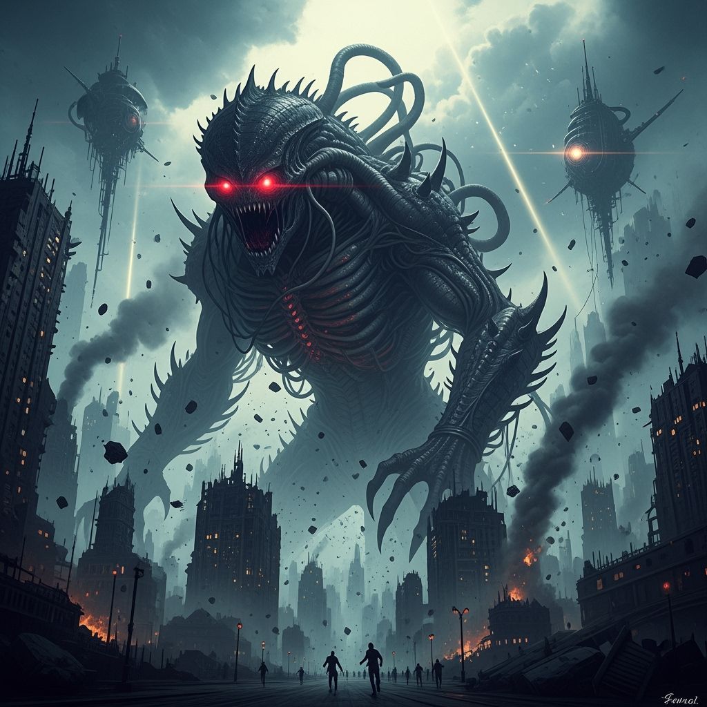 Colossal Cyberpunk Monster Wreaks Havoc on Gothic City