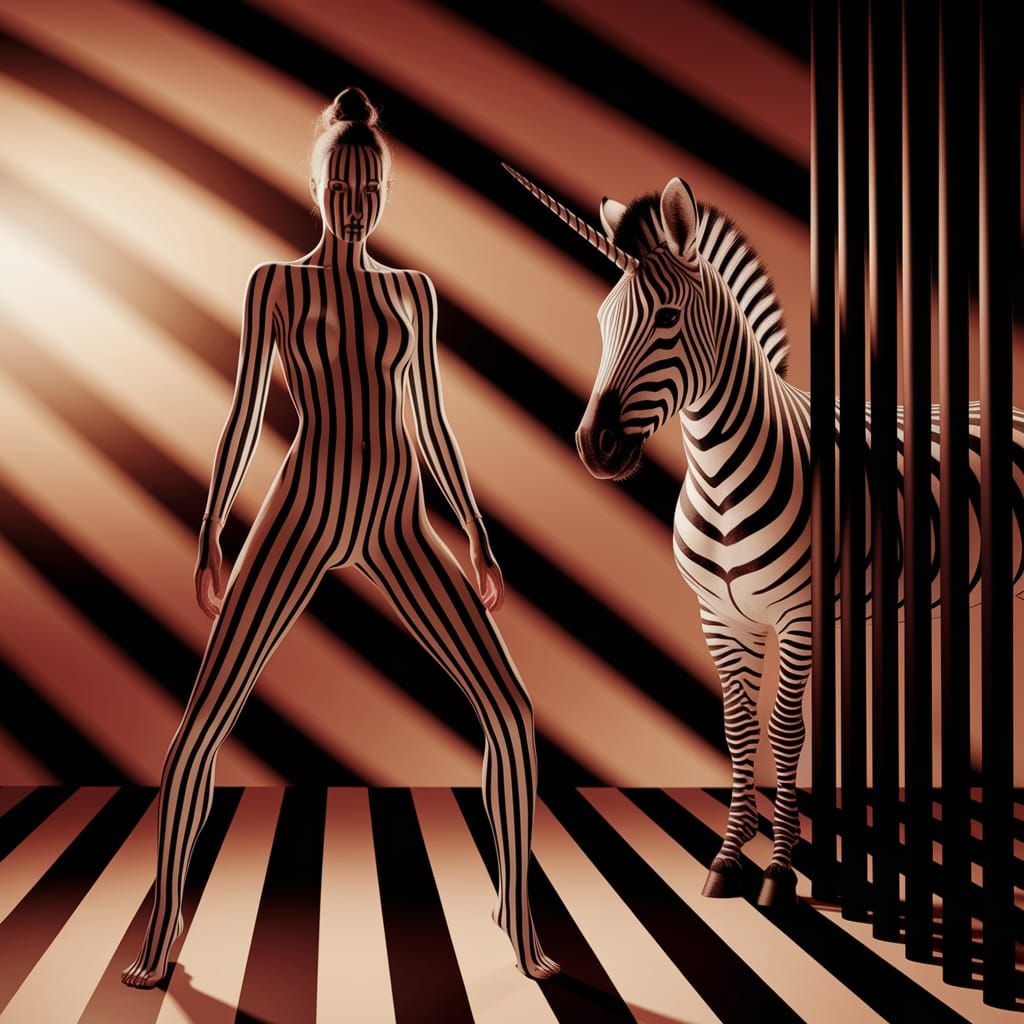 Surreal Woman and Zebra Unicorn Stand in Striped Harmony