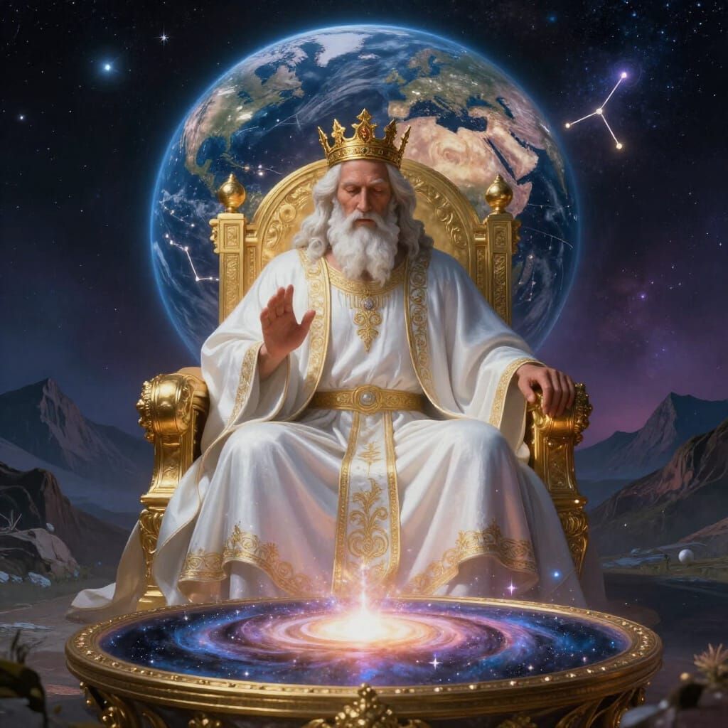 Divine Creator on Golden Throne with Galaxy Pool