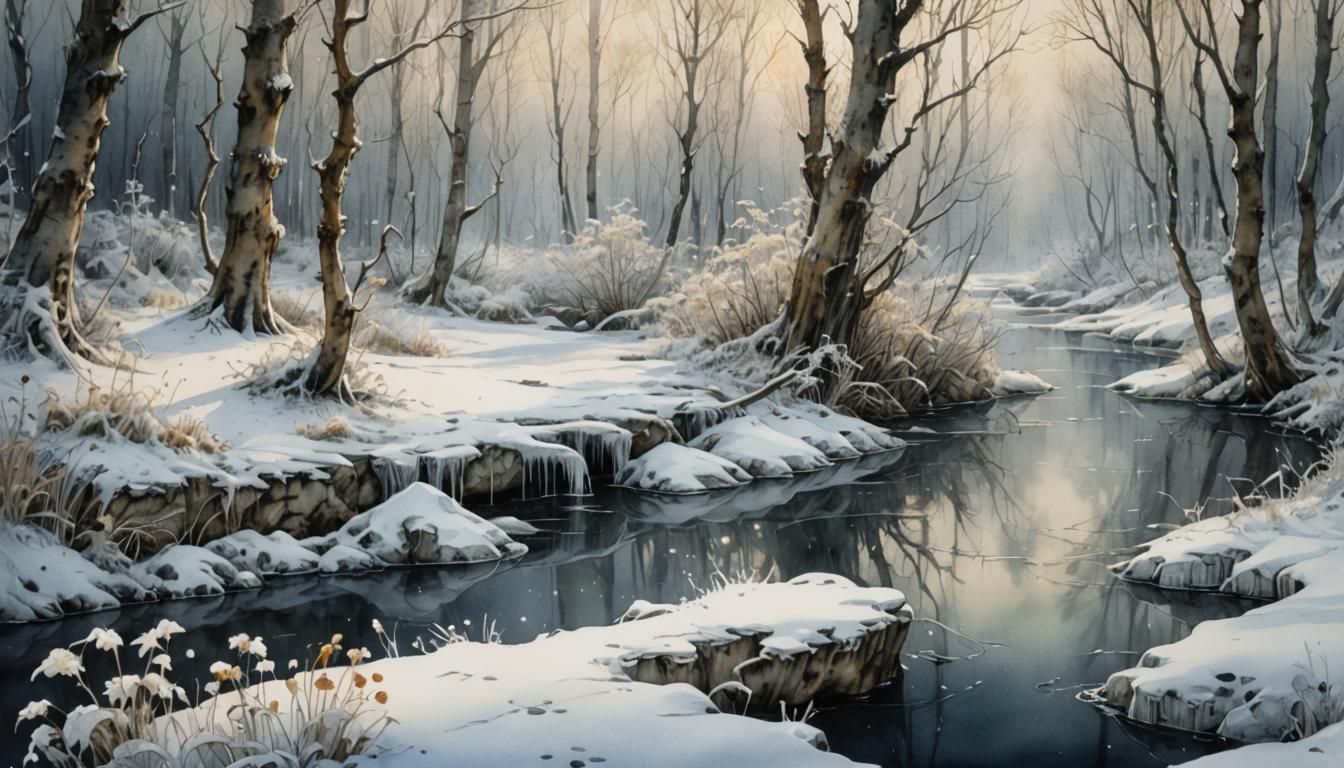 Iced River Winding Through Snowy Forest, Watercolor