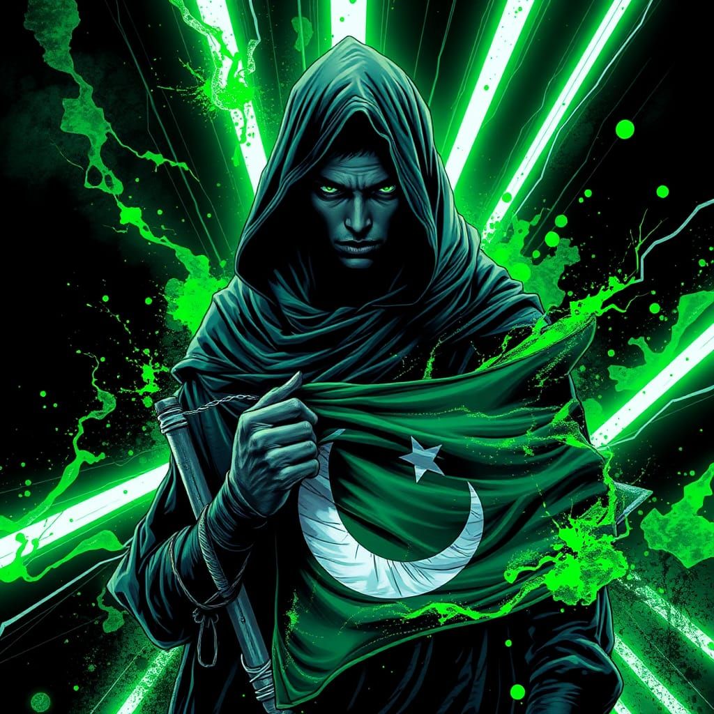 Pakistani Figure with Flag in Hyperrealistic Comic Style