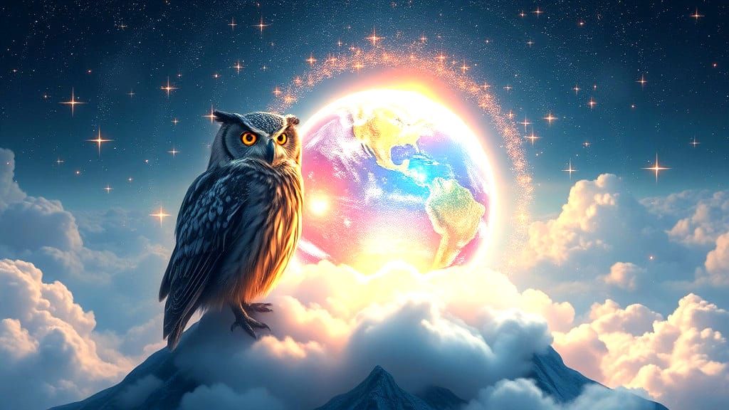 Mystical Owl on Globe at Cloudy Summit