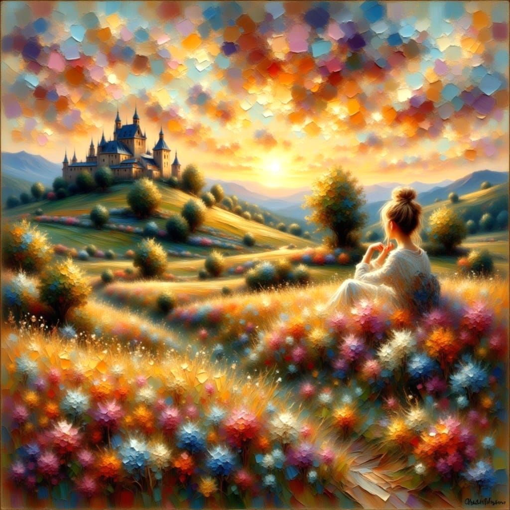 Nostalgic Woman Driving Past Castle: Impressionistic Oil Pai...