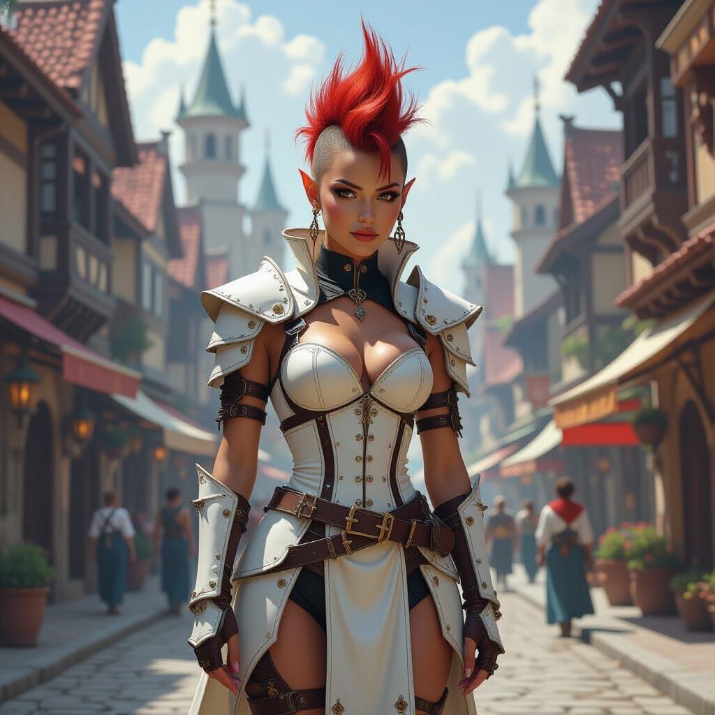 Tiefling Warrior in Bustling Fantasy Town, Oil Painting