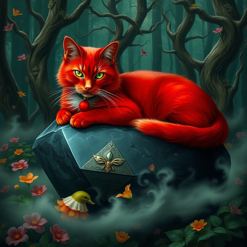 Cardinal Red Cat in Mystical Forest, Set Amidst Ethereal Obs...