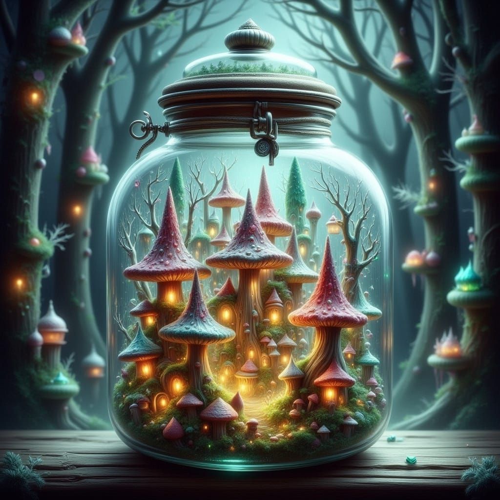 Mushroom Village in Glass Jar, Brian Froud Style