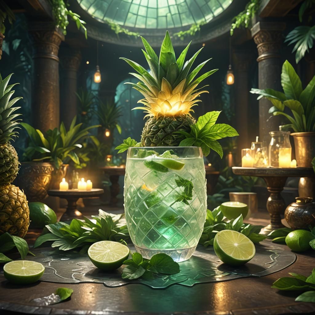 Glowing Mocktail Drink on Ancient Table, Fantasy Art
