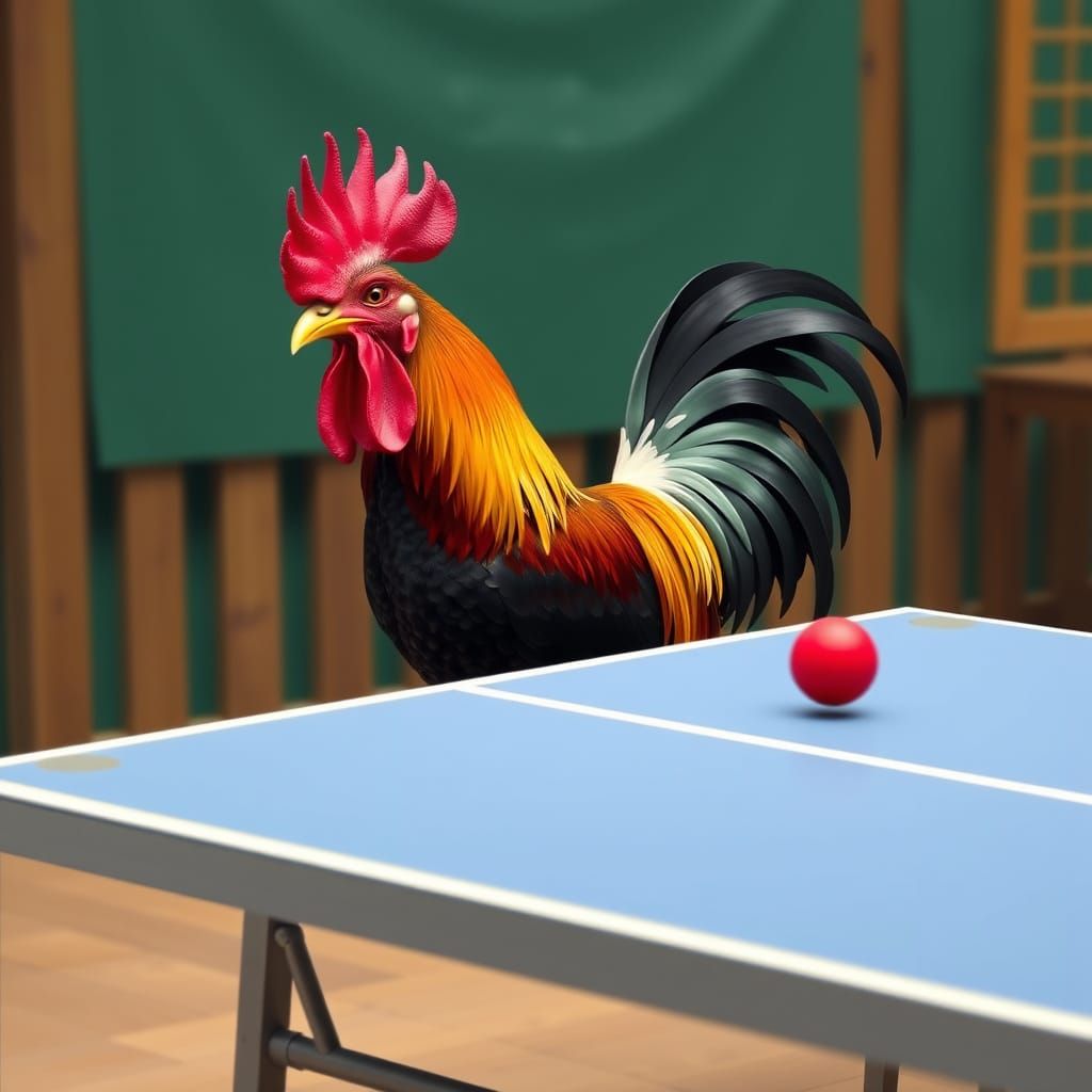 Rooster in Intense Ping Pong Frenzy, Unfazed and Ready