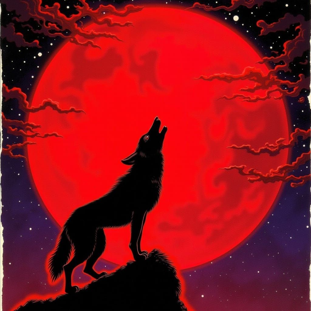Solitary Wolf Howling at Blood Moon in Cosmic Nebula
