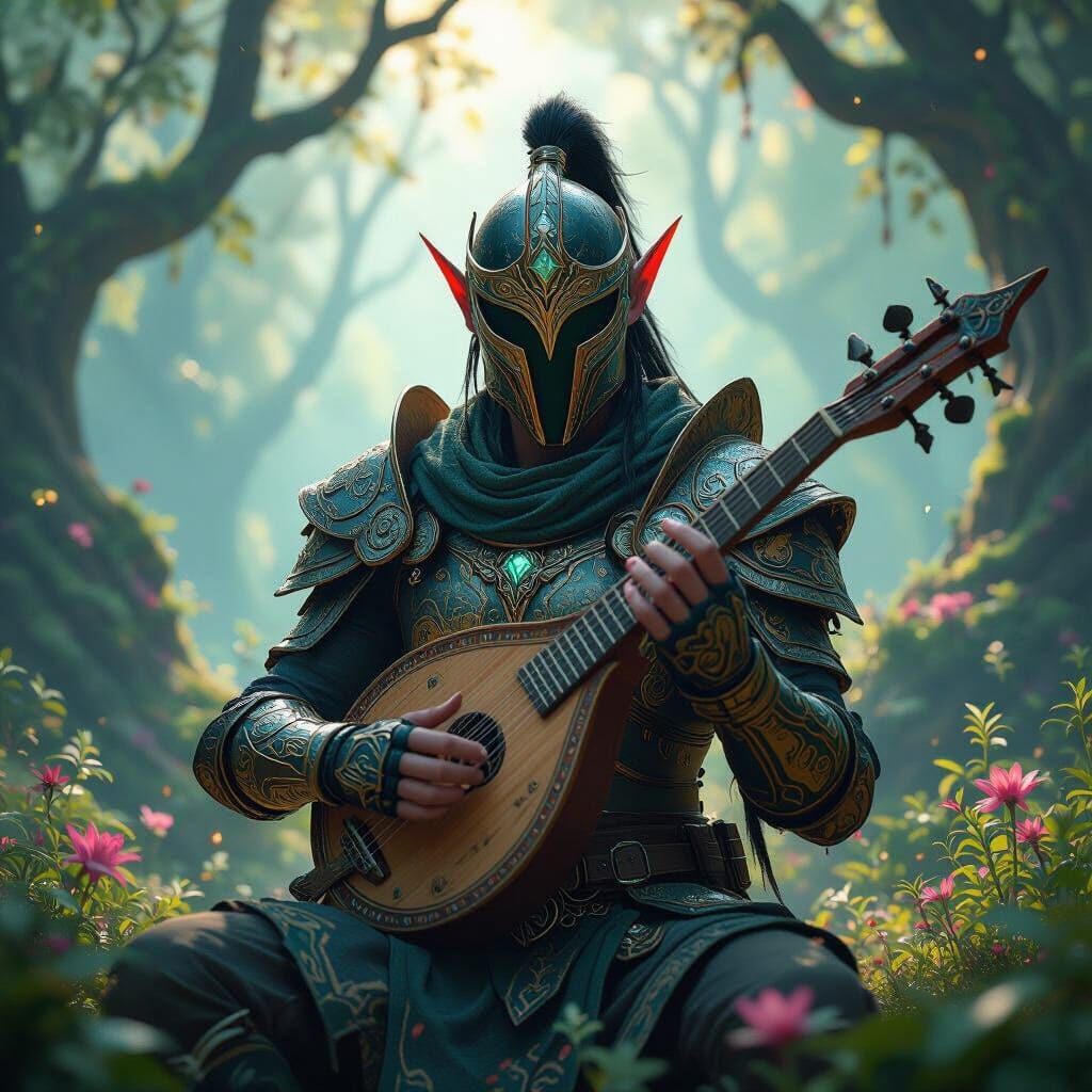 Elf Warrior Plays Instrument in Dreamlike Forest